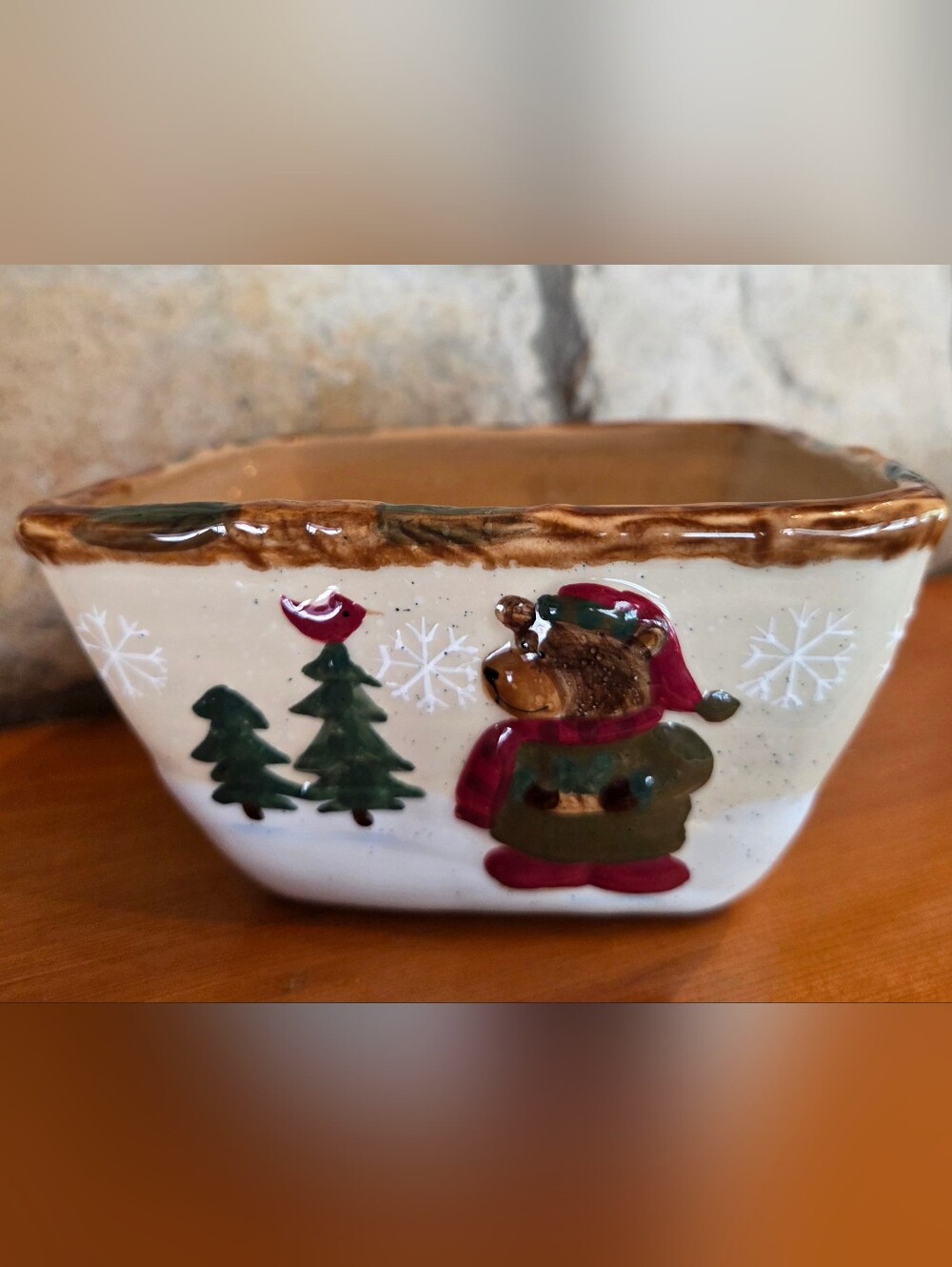 St Nicholas 5.5” Square Heartland Cereal Soup Stew Bowl Bear Moose 3D Lodge